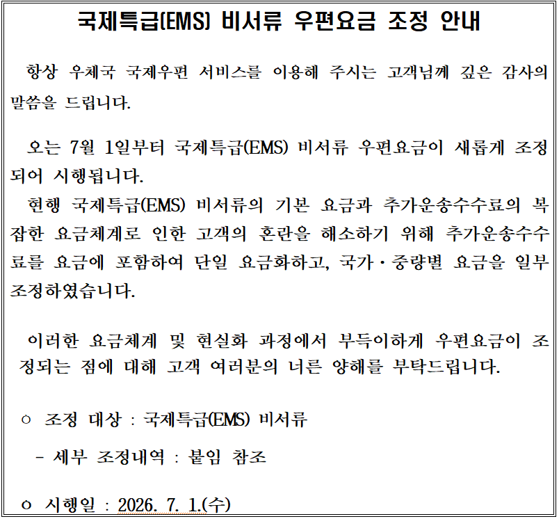 국제특급(EMS) 비서류 우편요금 조정 안내

  항상 우체국 국제우편 서비스를 이용해 주시는 고객님께 깊은 감사의 말씀을 드립니다.

  오는 7월 1일부터 국제특급(EMS) 비서류 우편요금이 새롭게 조정되어 시행됩니다.
  현행 국제특급(EMS) 비서류의 기본 요금과 추가운송수수료의 복잡한 요금체계로 인한 고객의 혼란을 해소하기 위해 추가운송수수료를 요금에 포함하여 단일 요금화하고, 국가·중량별 요금을 일부 조정하였습니다.

  이러한 요금체계 및 현실화 과정에서 부득이하게 우편요금이 조정되는 점에 대해 고객 여러분의 너른 양해를 부탁드립니다.

 ㅇ 조정 대상 : 국제특급(EMS) 비서류

   - 세부 조정내역 : 붙임 참조

 ㅇ 시행일 : 2026. 7. 1.(수)