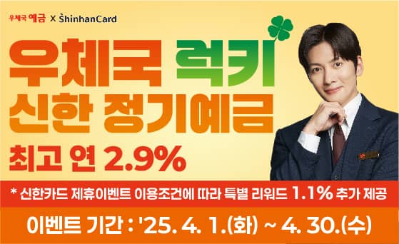 우체국 예금 X Shinhan Card
우체국 럭키 신한 정기예금
최고 연 2.9%
*신한카드 제휴이벤트 이용조건에 따라 특별 리워드 1.1% 추가 제공
이벤트 기간: 2025.04.01.(화) ~ 04.30.(수)