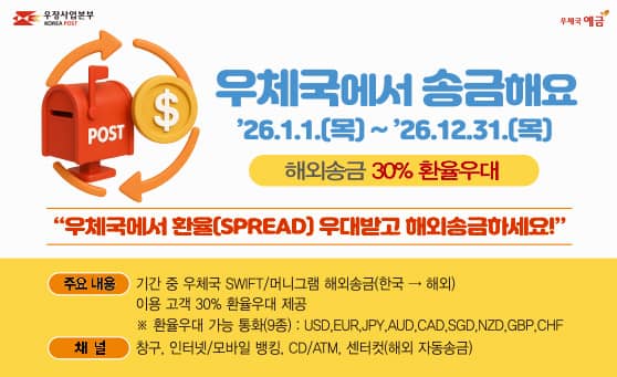 우체국에서 송금해요
2026.1.1.(목) ~ 2026.12.31.(목)
해외송금 30% 환율우대

우체국에서 환율(SPREAD) 우대받고 해외송금하세요!

주요내용 :  기간 중 우체국 SWIFT/머니그램 해외송금(한국->해외) 이용 고객 30% 환율우대 제공 
* 환율우대 가능 통화(9종) :  USD, EUR, JPY, AUD, CAD, SGD, NZD, GBP, CHF

채널 : 창구, 인터넷/모바일 뱅킹, CD/ATM 센터컷(해외 자동송금)