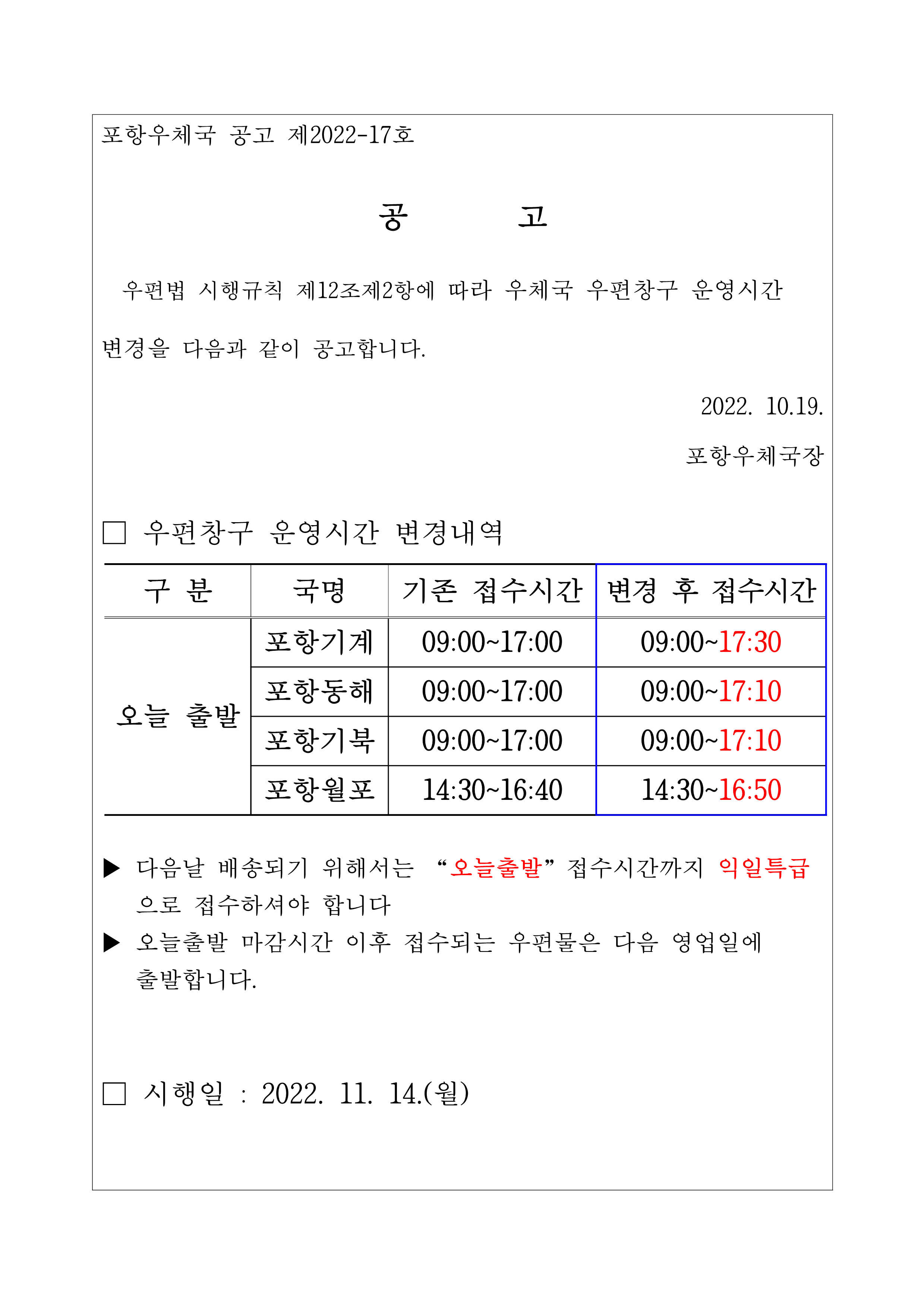 포항우체국 공고 제2022-17호
공고
우편법 시행규칙 제12조 제2항에 따라 우체국 우편창구 운영시간변경을 다음과 같이 공고합니다.
2022.10.19.포항우체국장
우편창구 운영시간 변경내역
<표 />
다음날 배송되기 위해서는 