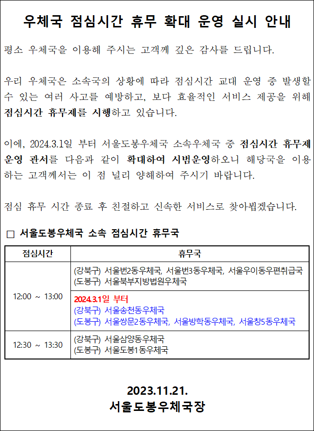 우체국 점심시간 휴무 확대 운영 실시 안내

평소 우체국을 이용해 주시는 고객께 깊은 감사를 드립니다.

우리 우체국은 소속국의 상황에 따라 점심시간 교대 운영 중 발생할 수 있는 여러 사고를 예방하고, 보다 효율적인 서비스 제공을 위해 점심시간 휴무제를 시행하고 있습니다.

이에, 2024.3.1일 부터 서울도봉우체국 소속우체국 중 점심시간 휴무제 운영 관서를 다음과 같이 확대하여 시범운영하오니 해당국을 이용하는 고객께서는 이 점 널리 양해하여 주시기 바랍니다.

점심 휴무 시간 종료 후 친절하고 신속한 서비스로 찾아뵙겠습니다.

서울도봉우체국 소속 점심시간 휴무국


12:00 ~ 13:00
(강북구) 서울번2동우체국, 서울번3동우체국, 서울우이동우편취급국
(도봉구) 서울북부지방법원우체국
2024.3.1일 부터
(강북구) 서울송천동우체국
(도봉구) 서울쌍문2동우체국, 서울방학동우체국, 서울창5동우체국
12:30 ~ 13:30
(강북구) 서울삼양동우체국
(도봉구) 서울도봉1동우체국

