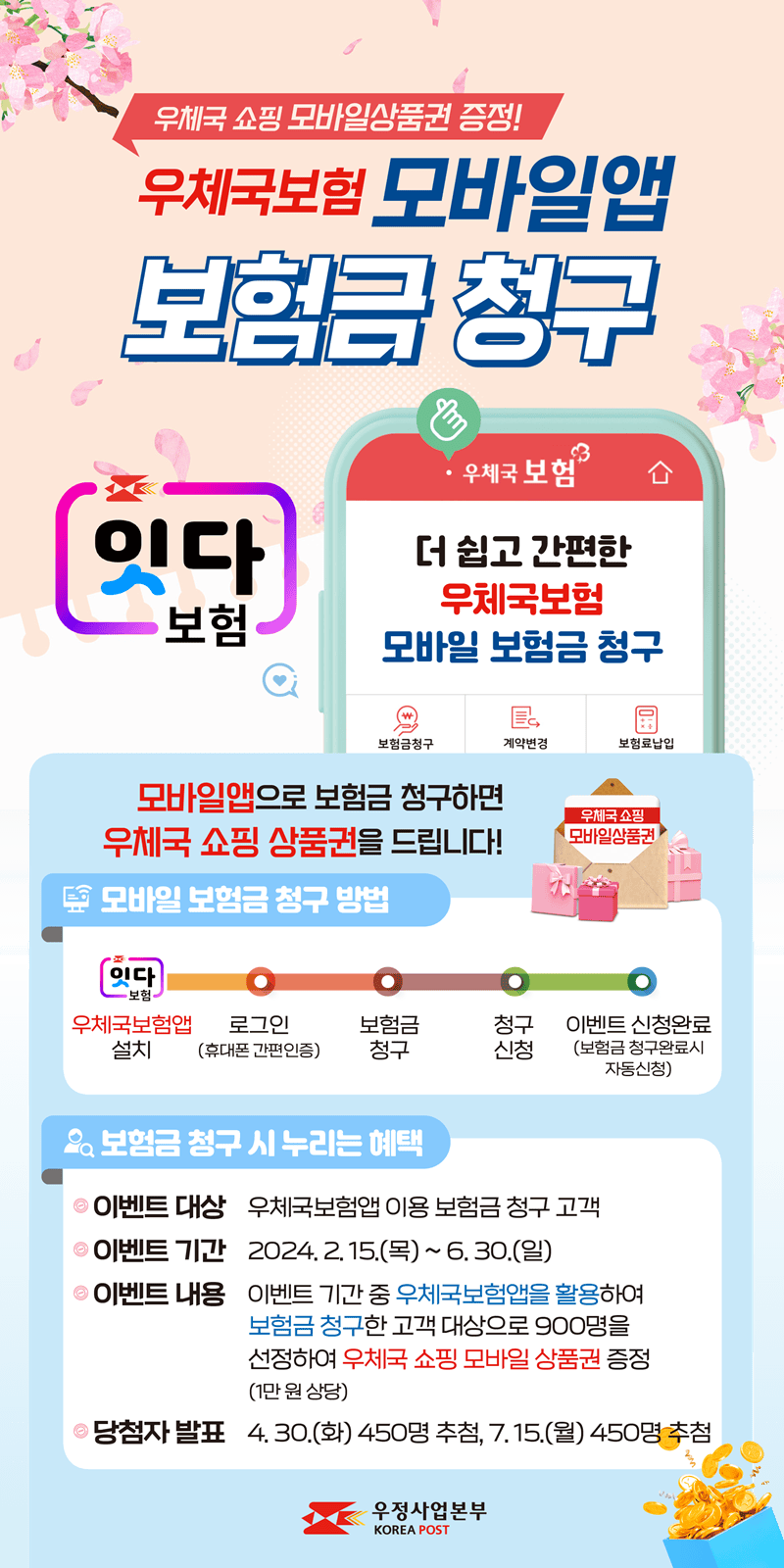 우체국 쇼핑 모바일상품권 증정

우체국보험 모바일앱
보험금 청구

잇다보험

우체국보험
더 쉽고 간편한 
우체국 보험 
모바일 보험금 청구 
보험금청구 계약변경 보험료납입

모바일앱으로 보험금 청구하면
우체국 쇼핑 상품권을 드립니다!

모바일 보험금 청구 방법

우체국보험앱설치 - /> 로그인(휴대폰 간편인증) -> 보험금 청구 -> 청구 신청 -> 이벤트 신청완료(보험금 청구완료 시 자동신청)

보험금 청구 시 누리는 혜택

이벤트 대상 우체국보험앱 이용 보험금 청구 고객
이벤트 기간 2024.2.15(목)~6.30(일)
이벤트 내용 이벤트 기간 중 우체국보험앱을 활용하여 보험금 청구한 고객대상으로 900명을 선정하여
               우체국 쇼핑 모바일 상품권 증정(1만원 상당)

당첨자 발표 4.30(화) 450명 추첨, 7.15(월) 450명 추첨

우정사업본부 KOREA POST