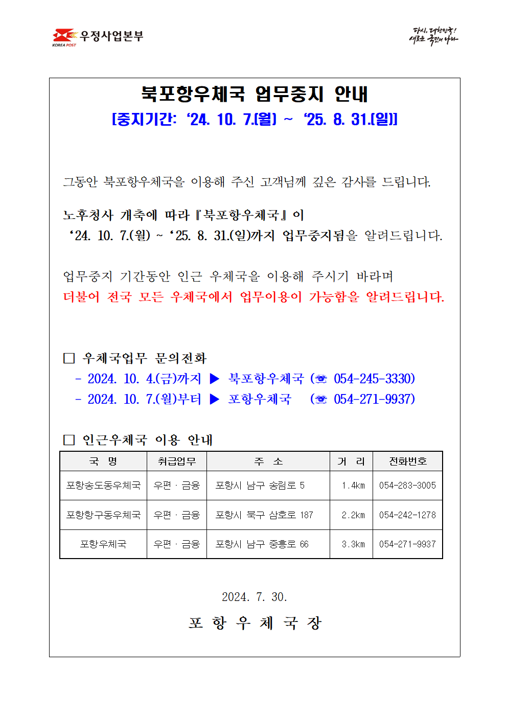 북포항우체국 업무중지 안내
[중지기간:‘24. 10. 7.(월) ~‘25. 8. 31.(일)]


그동안 북포항우체국을 이용해 주신 고객님께 깊은 감사를 드립니다.

노후청사 개축에 따라『북포항우체국』이 
‘24. 10. 7.(월) ~‘25. 8. 31.(일)까지 업무중지됨을 알려드립니다.

업무중지 기간동안 인근 우체국을 이용해 주시기 바라며
더불어 전국 모든 우체국에서 업무이용이 가능함을 알려드립니다.


□ 우체국업무 문의전화 
  - 2024. 10. 4.(금)까지 ▶ 북포항우체국 (☏ 054-245-3330)
  - 2024. 10. 7.(월)부터 ▶ 포항우체국   (☏ 054-271-9937)

□ 인근우체국 이용 안내    
포항송도동우체국(포항시 남구 송림로5, 054-283-3005)
포항항구동우체국(포항시 북구 삼호로187, 054-242-1278)
포항우체국(포항시 남구 중흥로66, 054-271-9937)

2024. 7. 30. 

포 항 우 체 국 장