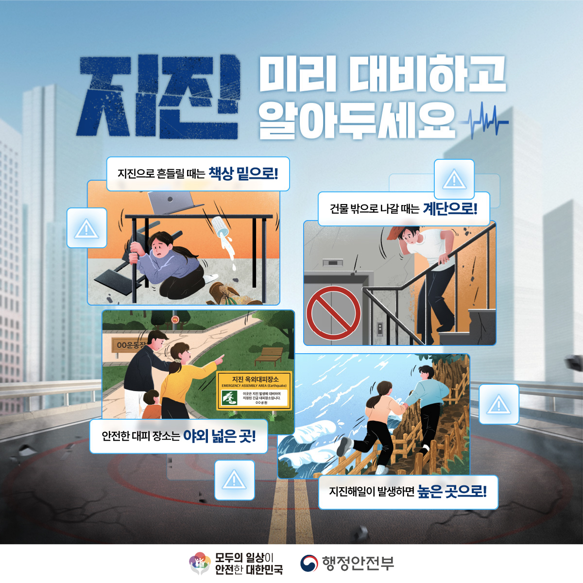 지진 미리 대비하고 알아두세요
지진으로 흔들릴 때는 책상 밑으로!
건물 밖으로 나갈 때는 계단으로!
안전한 대피 장소는 야외 넓은 곳!
지진해일이 발생하면 높은 곳으로!