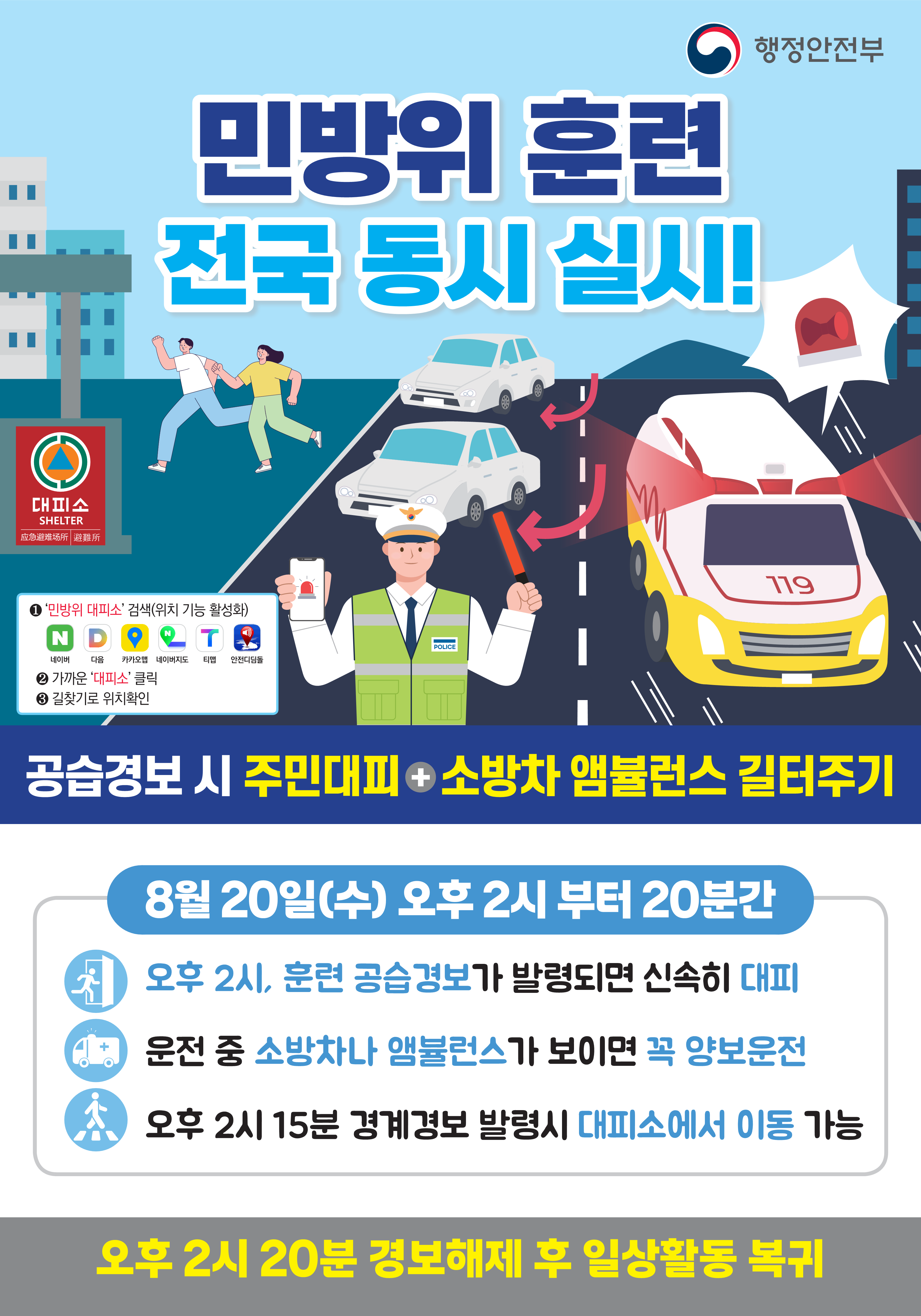 민방위훈련 전국 동시 실시!
  - 공습경보시 주민대피 + 소방차 앰뷸런스 길터주기
  - 8월20일(수) 오후 2시부터 20분간
  - 오후 2시, 훈련 공급경보가 발령되면 신속히 대피
  - 운전 중 소방차나 앰뷸런스가 보이면 꼭 양보운전
  - 오후 2시 15분 경계경보 발령시 대피소에서 이동 가능
  - 오후 2시 20분 경보해제 후 일상활동 복귀 