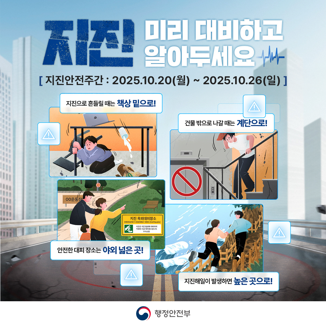 지진 미리대비하고 알아두세요 
지진안전주간:2025.10.20.(월)~2025.10.26.(일)
지진으로 흔들릴때는 책상밑으로!
건물밖으로 나갈때는 계단으로!
안전한 대피 장소는 야외 넓은곳!
지진해일이 발생하면 높은곳으로!
-행정안전부-