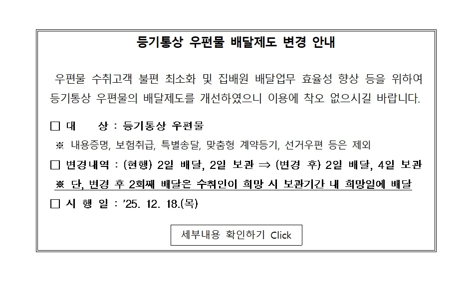 우체국 등기우편 배달제도 변경