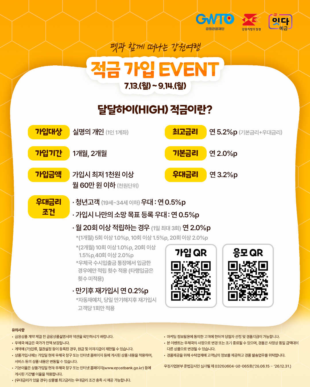 적금 가입 이벤트
7. 13.(월) ~ 9. 14.(월)

달달하이(HIGH) 적금이란?

가입대상 : 실명의 개인(1인 1계좌)
가입기간 : 1개월, 2개월
가입금액 : 가입시 최저 1천원 이상, 월 60만원 이하(천원단위)
최고금리 : 연5.2% (기본금리 + 우대금리)
기본금리 : 연2.0%
우대금리 : 연3.2%

우대금리 조건
-청년고객(19세~34세 이하) 우대: 연0.5%P
-가입시 나만으 ㅣ소망 목표 등록 우대: 연0.5%P
- 월 20회 이상 적립하는 경우(1일 최대3회) 연2.0%P
- (1개월) 5회이상 1.0%P, 10회 이상 1.5%P, 20회 이상 2.0%P
-(2개월) 10회이상 1.0%P, 20회이상 1.5%P, 40회 이상 2.0%P
-우체국 수시입출금 통장에서 입금한 경우에만 적립 횟수 적용(타행입금은 횟수 미적용)
 - 만기후 재가입시 연 0.2%P
 - 자동재예치, 당일 만기해지후 재가입시 고객당 1회만 적용

유의사항 - 금융상품 계약 체결 전 금융상품설명서와 약관을 확인하시기 바랍니다. - 우체국 예금은 국가가 전액 보장합니다. - 게약에 (가)압류, 질권설정 등이 등록된 경우, 원금 및 이자지급이 제한될 수 있습니다. - 상품가입시에는 가입일 현재 우체국 창구 또는 인터넷 홈페이지 등에 게시된 상품 내용을 적용하며, 서비스 등의 상품 내용은 변동될 수 있습니다. - 기본이율은 상품가입일 현재 우체국 창구 또는 인터넷 홈페이지(www.epostbank.go.kr) 등에 게시된 기간별 이율을 적용합니다. - (우대금리가 있을 경우) 상품별 최고금리는 우대금리 조건 충족 시 제공 가능합니다. - 마케팅 정보 활용에 동의한 고객에 한하여 당첨자 선정 및 경품지급이 가능합니다. - 본 이벤트는 우체국의 사정으로 변경 또는 조기 종료될 수 있으며, 경품은 사정상 동일 금액대의 다른 상품으로 변경될 수 있습니다. 우정사업본부 준법감시인 심사필 제 03260604-08-065호(26.06.15 ~ 26.12.31)