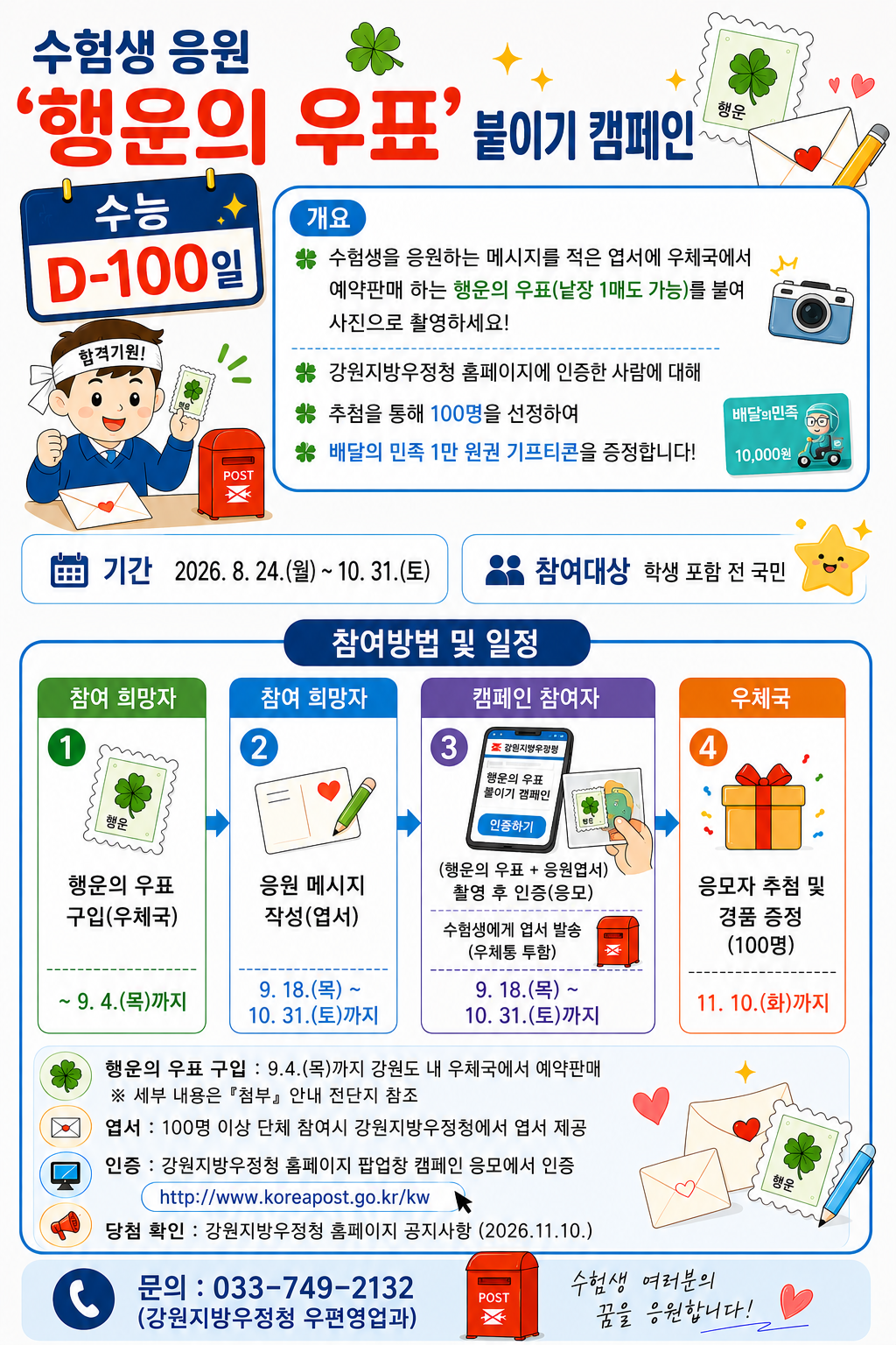 수험생 응원 ‘행운의 우표’ 붙이기 캠페인
개요

🍀 수험생을 응원하는 메시지를 적은 엽서에 우체국에서 예약판매 하는 행운의 우표(낱장 1매도 가능)를 붙여 사진으로 촬영하세요!

🍀 강원지방우정청 홈페이지에 인증한 사람에 대해

🍀 추첨을 통해 100명을 선정하여

🍀 배달의 민족 1만 원권 기프티콘을 증정합니다!

기간

2026. 8. 24.(월) ~ 10. 31.(토)

참여대상

학생 포함 전 국민

참여방법 및 일정
1. 참여 희망자

행운의 우표 구입(우체국)

~ 9. 4.(목)까지

2. 참여 희망자

응원 메시지 작성(엽서)

9. 18.(목) ~ 10. 31.(토)까지

3. 캠페인 참여자

(행운의 우표 + 응원엽서) 촬영 후 인증(응모)

수험생에게 엽서 발송
(우체통 투함)

9. 18.(목) ~ 10. 31.(토)까지

※ 휴대전화 화면 문구
강원지방우정청
행운의 우표 붙이기 캠페인
인증하기

4. 우체국

응모자 추첨 및 경품 증정
(100명)

11. 10.(화)까지

세부 안내

🍀 행운의 우표 구입 : 9. 4.(목)까지 강원도 내 우체국에서 예약판매
※ 세부 내용은 『첨부』 안내 전단지 참조

✉️ 엽서 : 100명 이상 단체 참여시 강원지방우정청에서 엽서 제공

🖥️ 인증 : 강원지방우정청 홈페이지 팝업창 캠페인 응모에서 인증

http://www.koreapost.go.kr/kw

📣 당첨 확인 : 강원지방우정청 홈페이지 공지사항 (2026.11.10.)

문의

033-749-2132
(강원지방우정청 우편영업과)

수험생 여러분의
꿈을 응원합니다!